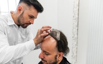 Hair,Specialist,Carefully,Applying,A,Hair,Prosthesis,To,A,Patient,